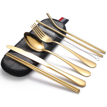 Lade das Bild in den Galerie-Viewer, 304 Stainless Steel Flatware Sets Portable Tableware Set of Suit 7 Spork Chopsticks Straw Cleaning Brush