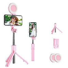 Lade das Bild in den Galerie-Viewer, 2 lights pink Bluetooth Selfie Stick Led Ring Light Extendable Handheld Live Tripod AZ16464