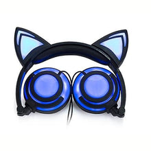 Load image into Gallery viewer, Headphones Headsets Headphone Cat Ears Earlaps With LED Light Rechargable Battery earphone blue
