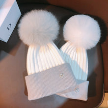 Load image into Gallery viewer, Warm Winter Knit Beanie Hats Japanese Custom Women Autumn and Winter Wild Fox Fur Ball Cute Unisex