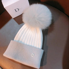 Load image into Gallery viewer, Warm Winter Knit Beanie Hats Japanese Custom Women Autumn and Winter Wild Fox Fur Ball Cute Unisex