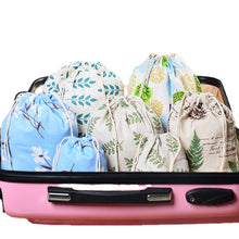Load image into Gallery viewer, 3-Piece Set Travel Travel Drawstring Cotton Storage Bag, White with Green Leaves