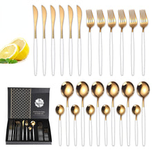 Lade das Bild in den Galerie-Viewer, 304 Stainless Steel Flatware Sets 24 Piece Gold Plated Cutlery Spoon Gift Box Set