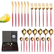 Lade das Bild in den Galerie-Viewer, 304 Stainless Steel Flatware Sets 24 Piece Gold Plated Cutlery Spoon Gift Box Set