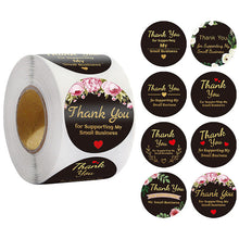 Load image into Gallery viewer, 3x500pcs Xmas Christmas Stickers Roll Label 8 Pattern Floral Ring Black Background Gold Word Thank You Gift