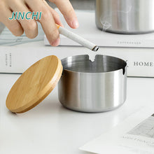 Load image into Gallery viewer, Ashtray Stainless Steel Ash Tray Lid Prevent Fly Ash s Bamboo Cover Cigarette Set Ashtray