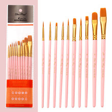 Load image into Gallery viewer, 10 Nylon Brushes Pink Rod Nylon Hair  Brush Oil Painting Brush Set