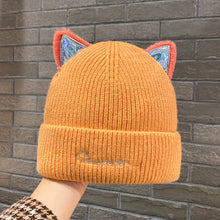 Lade das Bild in den Galerie-Viewer, Warm Winter Knit Beanie Hats Women's Autumn and Winter Korean Style Embroidered Letter Wool Cat Ears Unisex