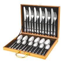 Load image into Gallery viewer, 304 Stainless Steel Flatware Sets Family Western Food/Steak Knife Fork Spoon Wooden Box 24-Piece Gift Tableware Set