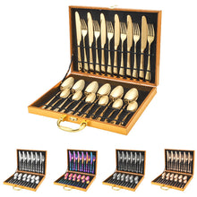 Load image into Gallery viewer, 304 Stainless Steel Flatware Sets Family Western Food/Steak Knife Fork Spoon Wooden Box 24-Piece Gift Tableware Set