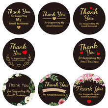 Load image into Gallery viewer, 3x500pcs Xmas Christmas Stickers Roll Label 8 Pattern Floral Ring Black Background Gold Word Thank You Gift