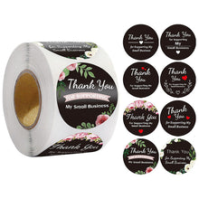 Load image into Gallery viewer, 3x500pcs Xmas Christmas Stickers Roll Label 8 Pattern Floral Ring Black Background White Word Thank You Gift