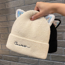 Lade das Bild in den Galerie-Viewer, Warm Winter Knit Beanie Hats Women's Autumn and Winter Korean Style Embroidered Letter Wool Cat Ears Unisex