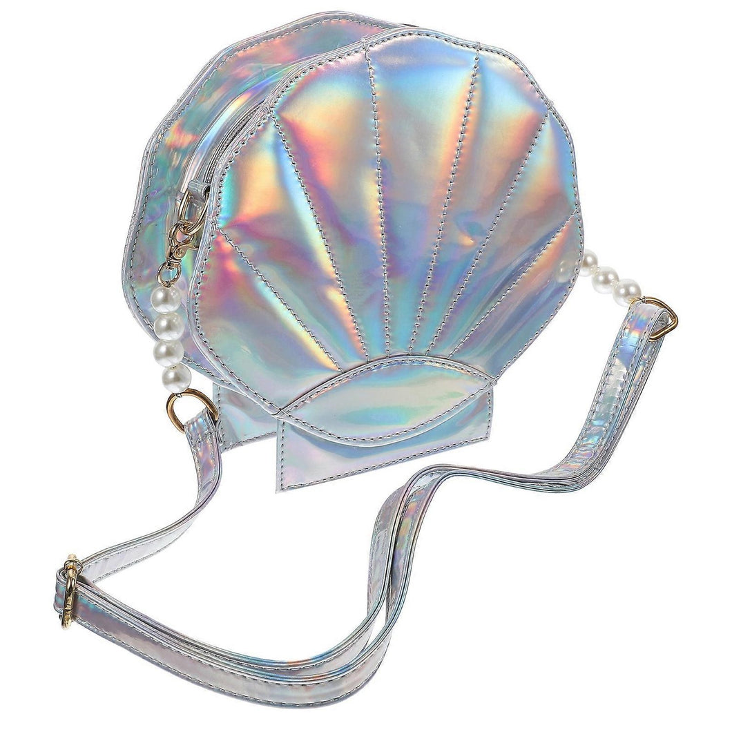 1PC PU Shell Crossbody Bag with Pearl Strap for Women Girls Silver