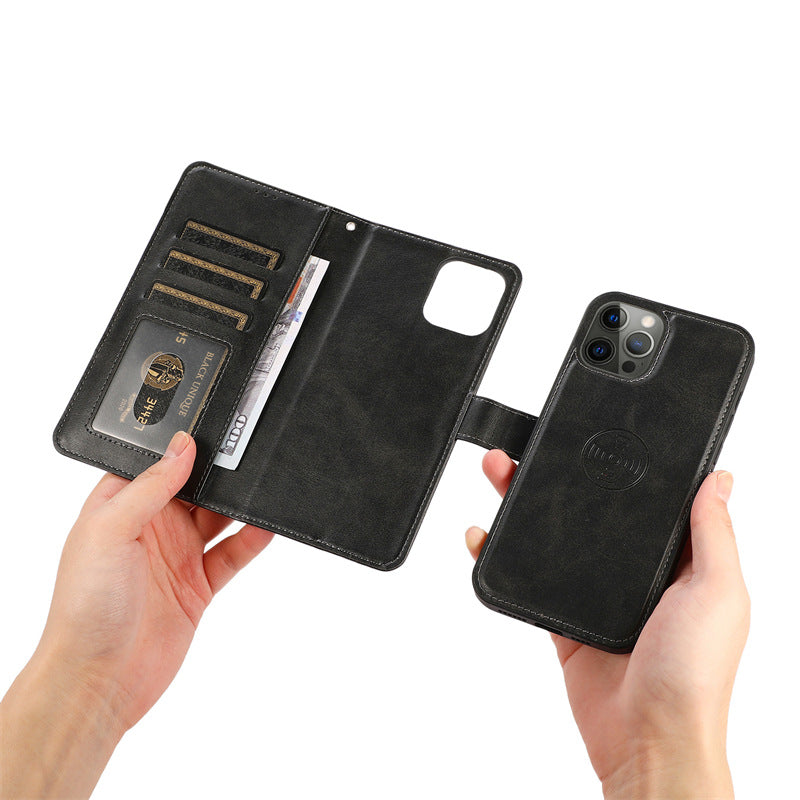 Case for iPhone 13Pro black-calf grain car 2 in 1 leather magnetic calf 2 1 card slot No4019