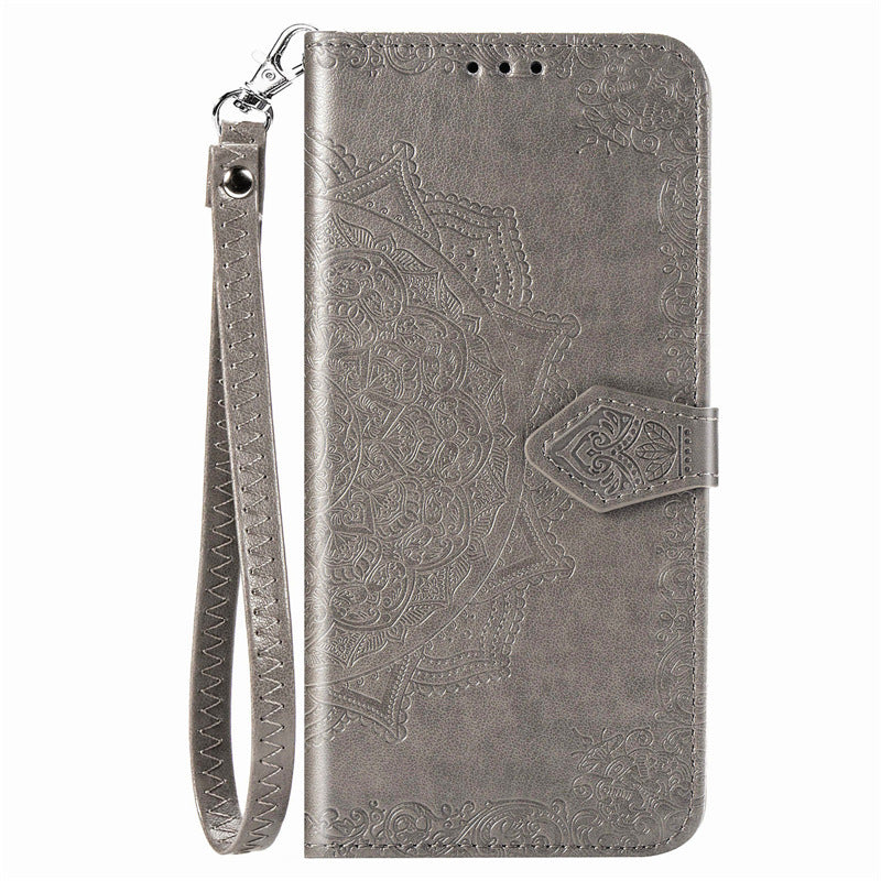 Case for iPhone 13Pro grey mandala leather same style short hand strap embossed No4016