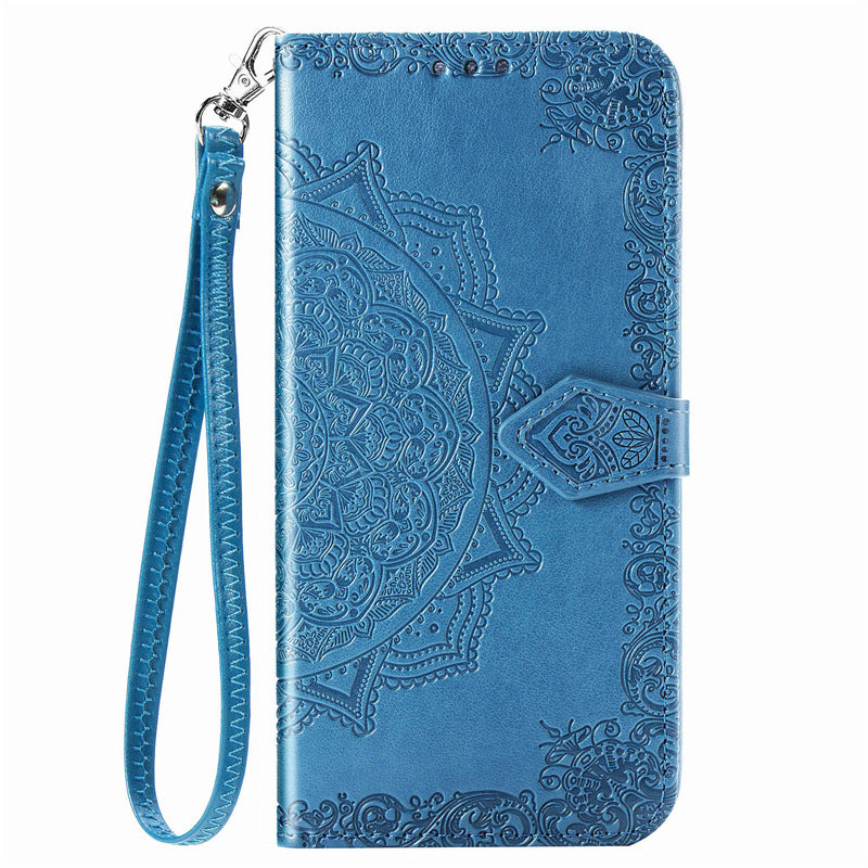 Case for iPhone 13Pro blue mandala leather same style short hand strap embossed No4017