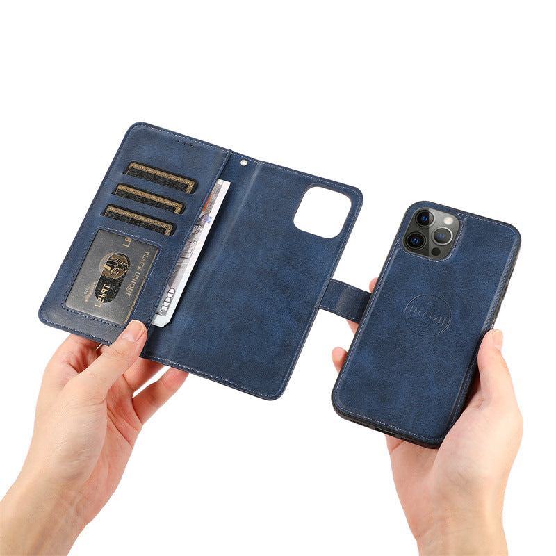 Case for iPhone 13Pro blue-calf grain car 2 in 1 leather magnetic calf 2 1 card slot No4023