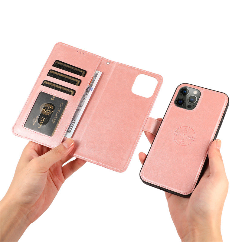 Case for iPhone 13Pro Rose Gold - Calf Grain Car 2-in-1 Leather Case Magnetic 2-in-1 Card Slot No4020