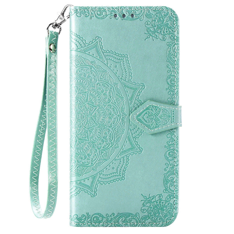 Case for iPhone 13Pro blue mandala leather same style short hand strap embossed No4015
