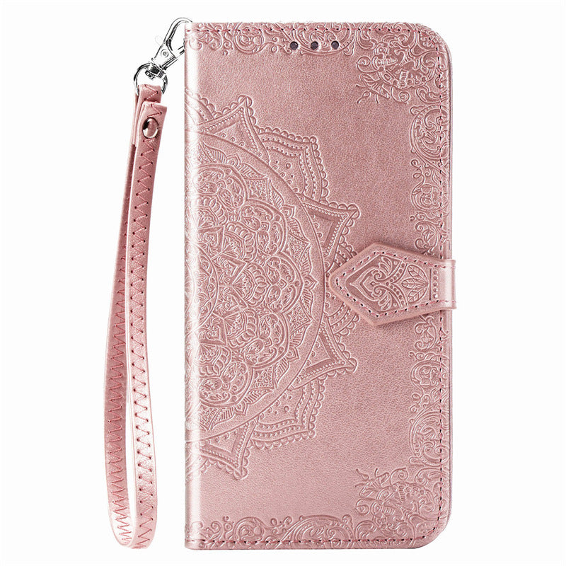 Case for iPhone 13Pro rose gold mandala leather same style short hand strap embossed No4013