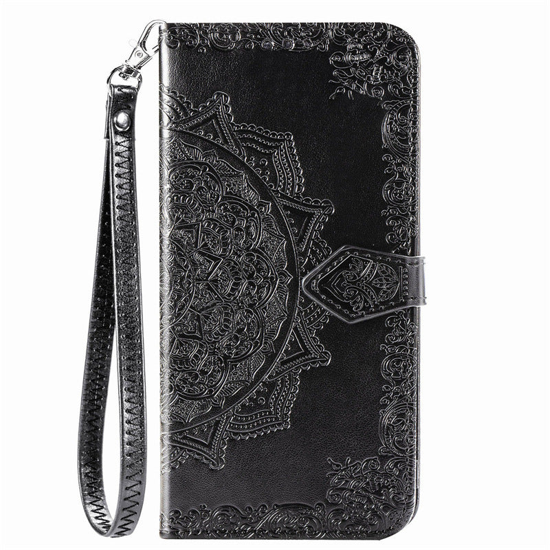 Case for iPhone 13Pro black mandala leather same style short hand strap embossed No4014