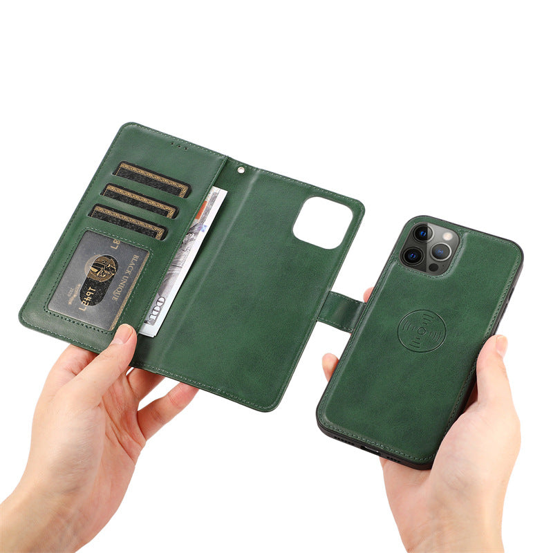 Case for iPhone 13Pro Green - Calf Grain Car 2-in-1 Leather Case Magnetic 2-in-1 Card Holder No4021