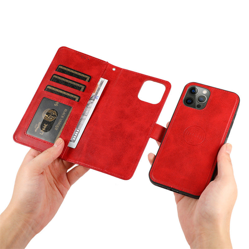 Case for iPhone 13Pro Red - Calf Grain Car 2-in-1 Leather Case Magnetic 2-in-1 Card Holder No4022