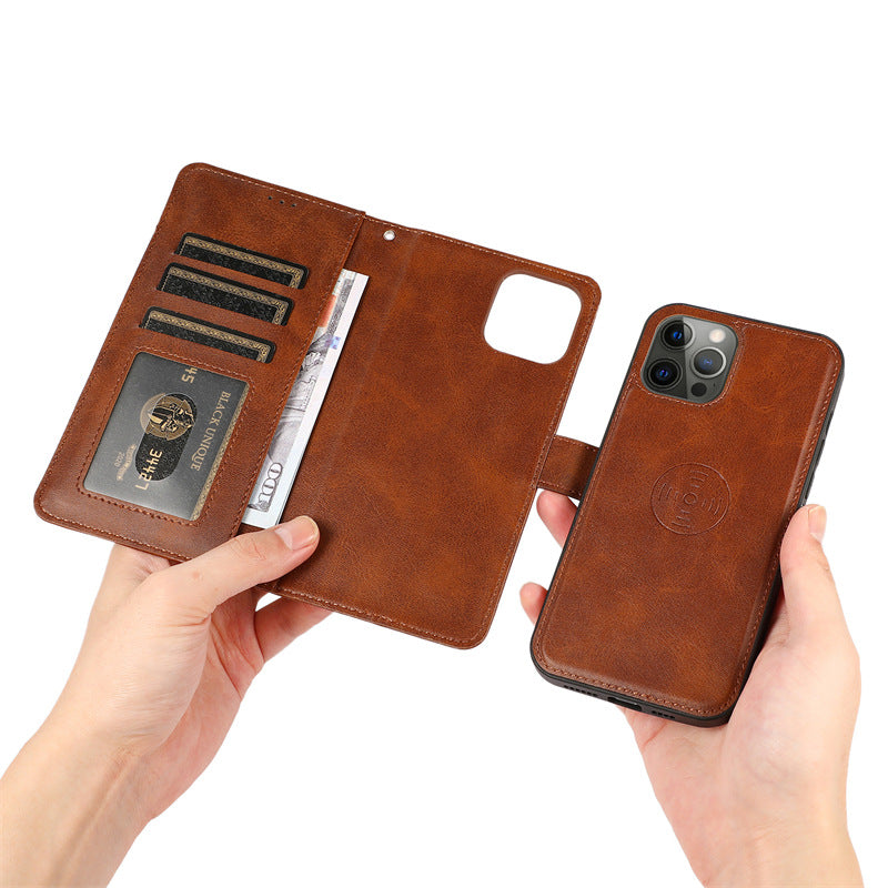 Case for iPhone 13Pro Brown - Calf Grain Car 2-in-1 Leather Case Magnetic 2-in-1 Card Holder No4018