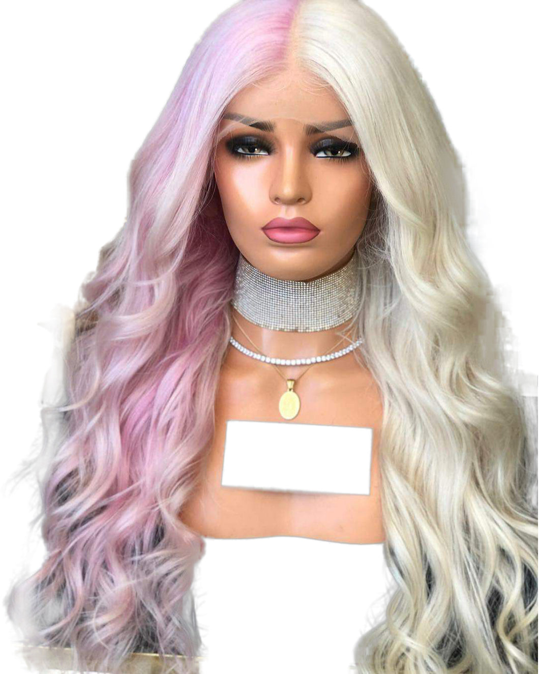 Women Wig Half Pink Half White Wavy Long Curly Hair W449