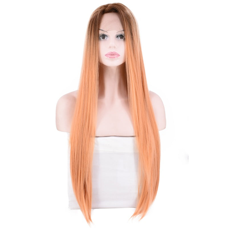 Women Wig Lace Chemical Fiber Gradient Pink Long Hair Straight Hair W444