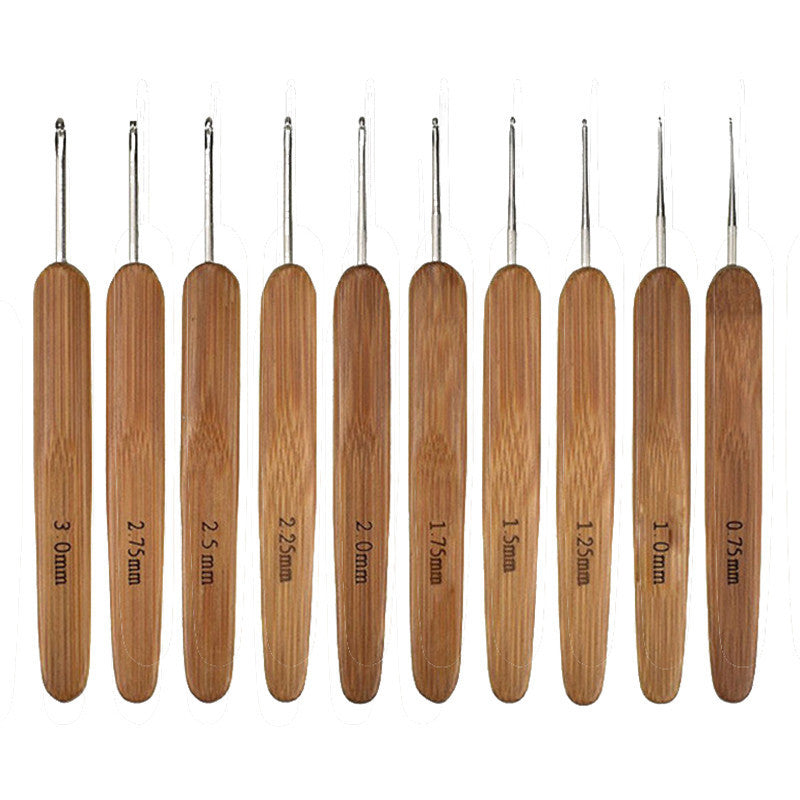 10 PCs Bamboo Handle Stainless Steel Crochet Hook Set, DIY Hand Knitting Tools