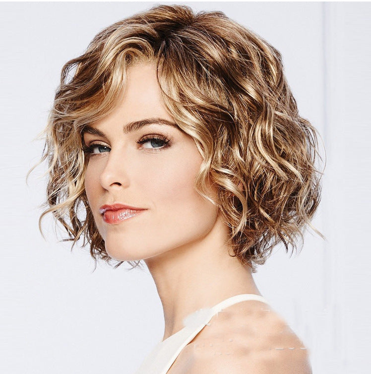 Women Wig Side Short Curly Hair Golden Brown Curly Hair W447