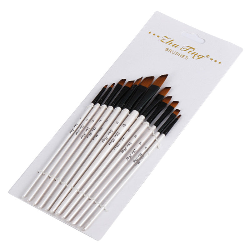 12 pcs White Brush Penholder Oblique Front Nylon Hair Brush Art Painting