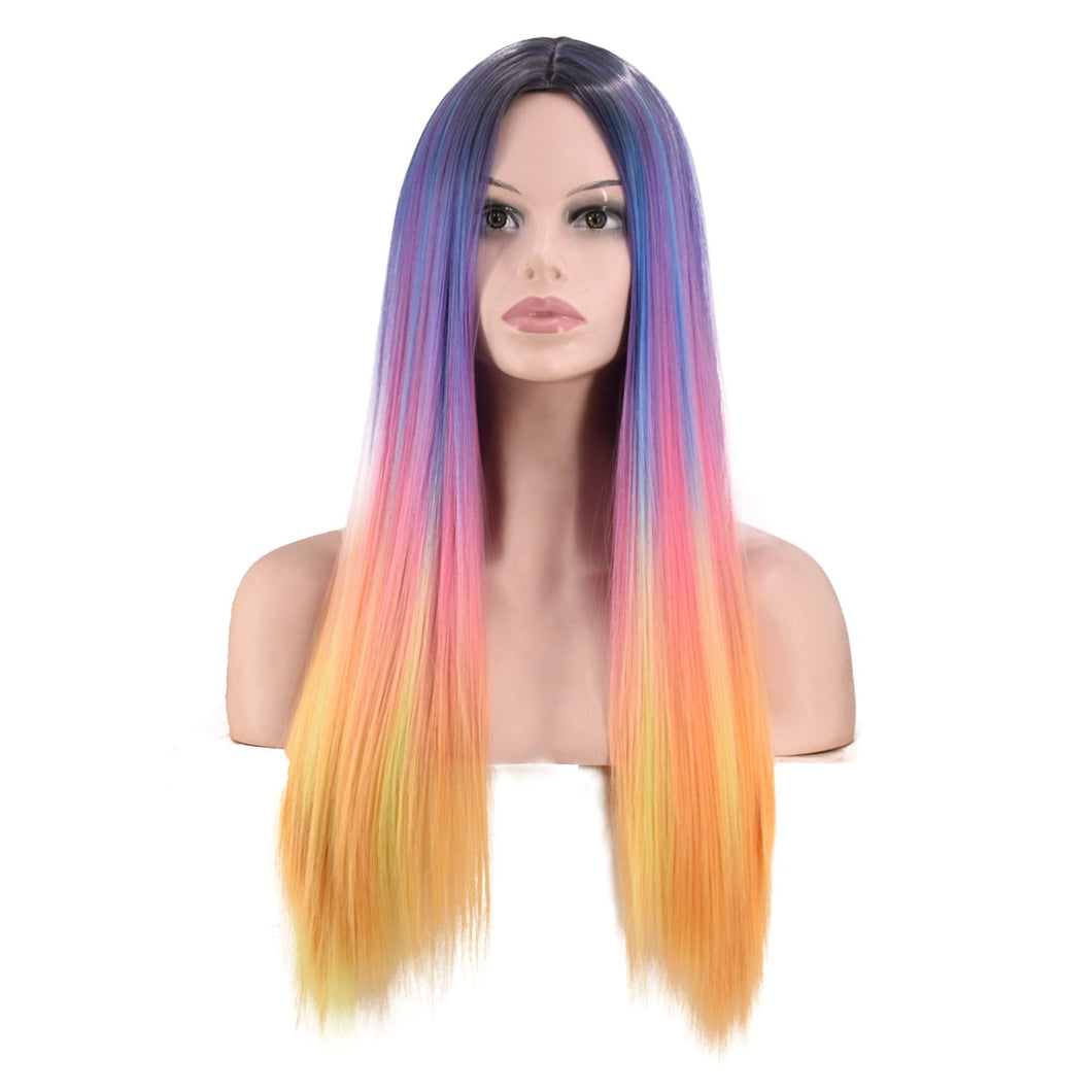 Women Wig Rainbow Four-Color Dyed Gradient Long Straight Hair Fashion W516