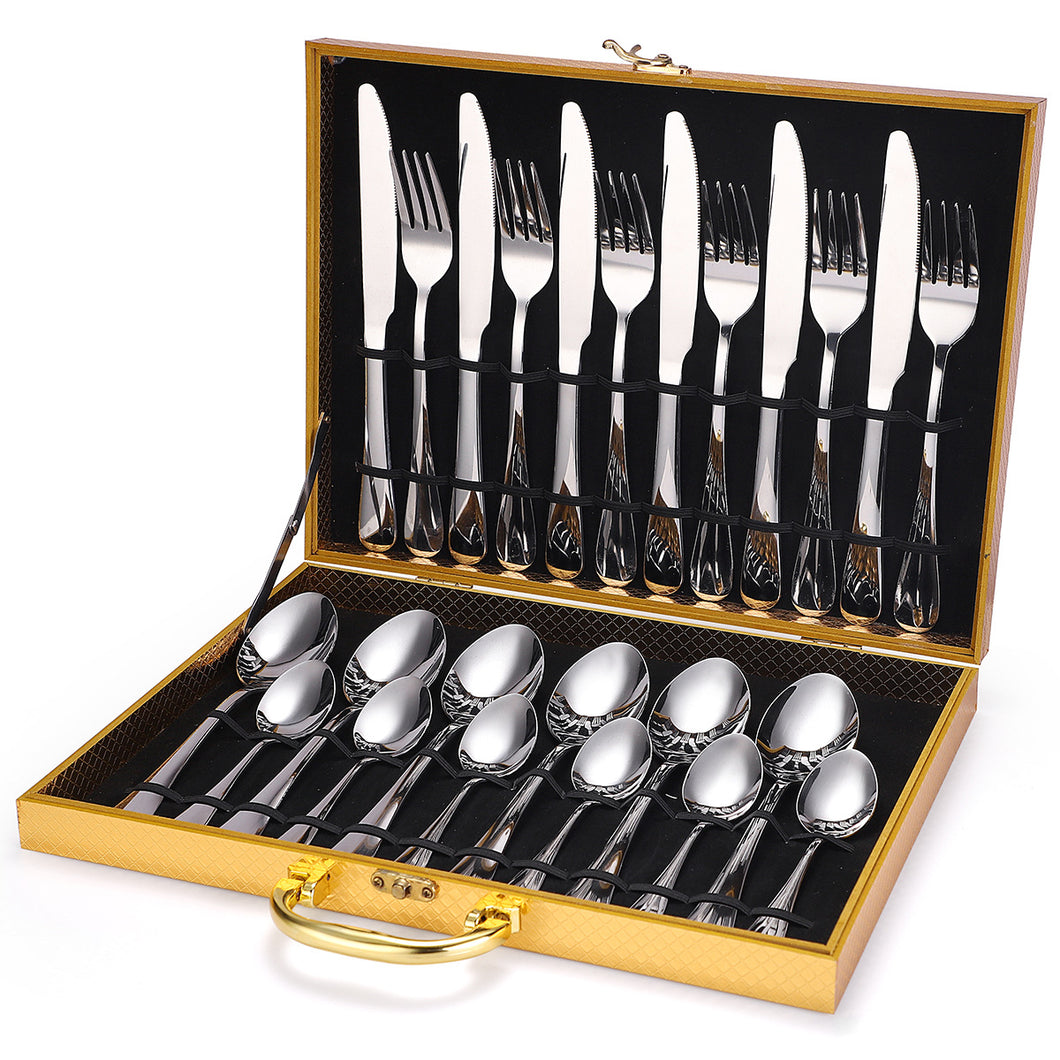 304 Stainless Steel Flatware Sets Rose Gold 6 Groups 24 Pieces Set Knife, Fork and Spoon Wooden Box Gift Box