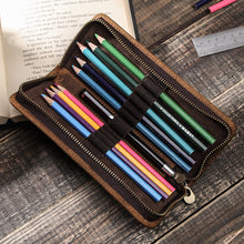 Load image into Gallery viewer, Vintage Brown Leather Pencil Case Square Zipper Pencil Box
