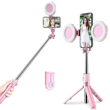 Lade das Bild in den Galerie-Viewer, 2 lights pink Bluetooth Selfie Stick Led Ring Light Extendable Handheld Live Tripod AZ16464
