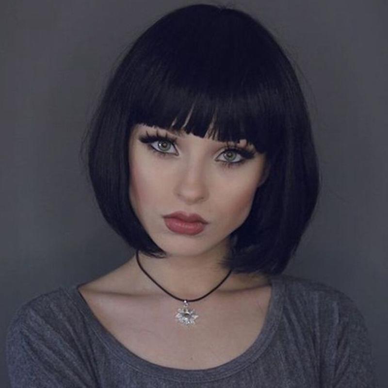 Wigs Women Black Bob Short Straight With Bangs Fringe Hair Wigs