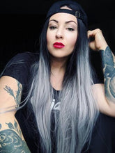 Load image into Gallery viewer, Women Wig Medium Long Straight Hair Black Gradient Bleached Blue Gray Headgear W3
