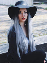 Load image into Gallery viewer, Women Wig Medium Long Straight Hair Black Gradient Bleached Blue Gray Headgear W3
