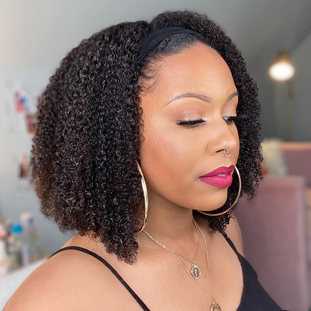 Women Wig African Headband Black Small Curly Hair Sports Afro W103