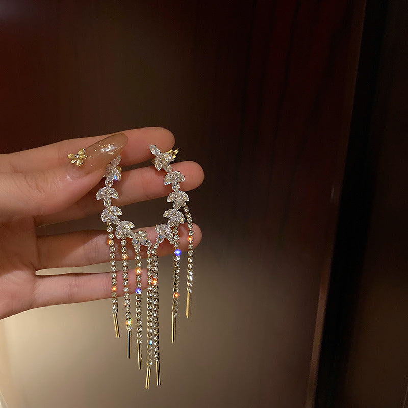 Vintage Women's Earrings 925 Silver Needle Olive Twig Earrings One-Piece Ear Clip Diamond-Embedded Tassel