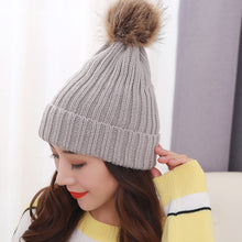 Load image into Gallery viewer, Warm Winter Knit Beanie Hats Autumn  Wool Solid Color Fur Ball European and American Thickened Unisex

