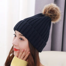 Load image into Gallery viewer, Warm Winter Knit Beanie Hats Autumn  Wool Solid Color Fur Ball European and American Thickened Unisex
