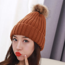Load image into Gallery viewer, Warm Winter Knit Beanie Hats Autumn  Wool Solid Color Fur Ball European and American Thickened Unisex
