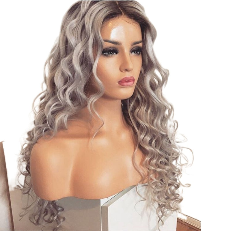 Women Wig Silver Gray Center-Parted Bangs Long Roll Wave W455
