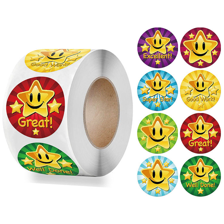 3x500pcs Xmas Christmas Stickers Roll Label 8 Kinds of Colorful Sea Five-Pointed Star Smiley Face Encourage Children Stationery