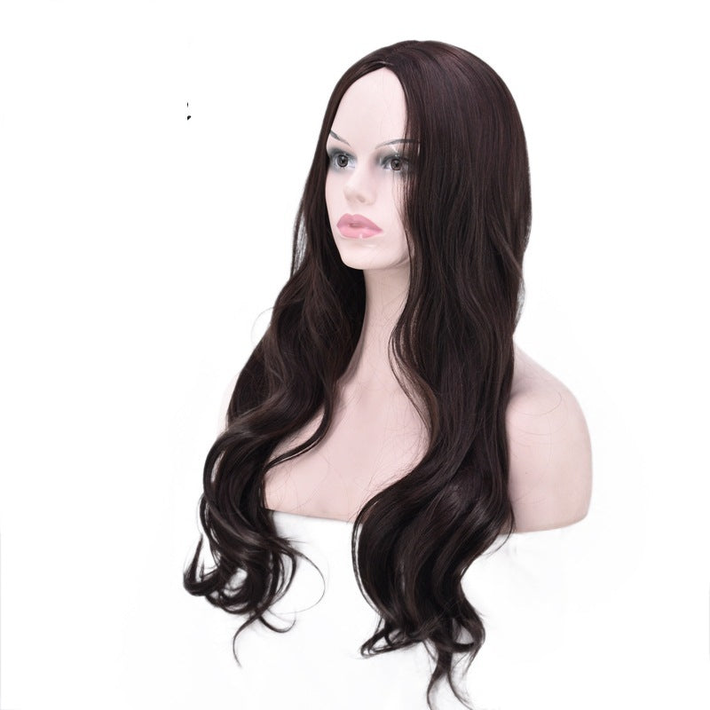 Women Wig Big Wave Dark Brown Medium Long Curly Hair Head Cover W223