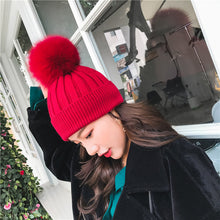 Load image into Gallery viewer, Warm Winter Knit Beanie Hats Trendy Fox Fur Ball Hat Children Monochrome Unisex
